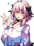  1boy aqua_eyes astolfo_(fate) black_ribbon blush choker collarbone commentary cosplay english_commentary fate/apocrypha fate_(series) hair_ribbon heart highres hinghoi honkai:_star_rail honkai_(series) long_sleeves looking_at_viewer male_focus march_7th_(honkai:_star_rail) march_7th_(honkai:_star_rail)_(cosplay) multicolored_eyes one_eye_closed otoko_no_ko pink_hair purple_eyes ribbon shirt simple_background solo two-tone_eyes upper_body v white_background white_shirt 