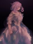  1girl black_background choker closed_eyes closed_mouth dress elysia_(honkai_impact) facing_to_the_side frilled_dress frills highres honkai_(series) honkai_impact_3rd long_hair minxinq multicolored_background off-shoulder_dress off_shoulder pink_dress pink_hair pointy_ears purple_background ribbon short_sleeves solo 