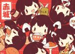  1girl :t akagi_(kancolle) bag black_hair bowl bread bucket cake character_name chibi chopsticks closed_mouth commentary_request curry curry_rice drooling eating fish food food_on_face highres holding holding_bowl holding_chopsticks holding_food holding_plate japanese_clothes kantai_collection long_hair mouth_drool multiple_views muneate nada_namie onigiri open_mouth paper_bag pizza plate recolored rice rice_on_face saury signature simple_background tasuki wide_sleeves 