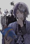  3boys black_hair black_kimono black_shirt book braid bungou_stray_dogs closed_mouth cowboy_shot fyodor_dostoyevsky_(bungou_stray_dogs) grey_background grey_hair hand_up haori hat highres holding holding_book japanese_clothes kimono lie_nnn long_hair long_sleeves male_focus multicolored_hair multiple_boys nikolai_gogol_(bungou_stray_dogs) pink_eyes purple_hair shirt short_hair sigma_(bungou_stray_dogs) single_braid standing sweatdrop two-tone_hair two-tone_kimono upper_body white_hair white_headwear white_kimono 