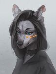  anthro black_clothing black_collar black_eyebrows black_hair black_topwear blue_eyes bust_portrait canid clothed clothing collar ear_piercing ear_ring ear_stud eyebrows female fur glistening glistening_eyes grey_background grey_body grey_fur grey_inner_ear_fluff hair inner_ear_fluff mammal marie_merkh mouth_closed notched_ear piercing portrait ring_piercing signature simple_background solo topwear tuft 