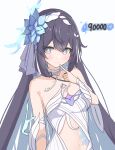  1girl :3 bare_shoulders black_hair blue_pupils blush breasts chest_tattoo closed_mouth clothing_cutout colored_inner_hair finger_to_mouth flower hair_between_eyes hair_flower hair_ornament highres honkai_(series) honkai_impact_3rd kyaong long_hair looking_at_viewer medium_breasts multicolored_hair navel purple_eyes seele_vollerei seele_vollerei_(herrscher_of_rebirth) simple_background solo stomach_cutout tattoo upper_body white_background 
