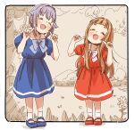  2girls :d ^_^ blue_bow blue_dress blue_footwear blush bow brown_hair closed_eyes dress facing_viewer flower grey_hair hair_flaps hair_intakes hands_up highres ichihara_nina idolmaster idolmaster_cinderella_girls koshimizu_sachiko long_hair multiple_girls puffy_short_sleeves puffy_sleeves red_flower red_footwear shoes short_sleeves smile socks very_long_hair white_bow white_socks yukie_(kusaka_shi) 