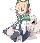  1boy 1girl animal_ears black_thighhighs blonde_hair blue_archive blunt_bangs clothed_female_nude_male green_eyes head_between_thighs heart highres kuragesensei male_masturbation masturbation midori_(blue_archive) nude penis shorts simple_background sitting_on_face smelling_crotch spoken_heart thighhighs twintails white_background 