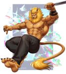  abs amon-sydonai anthro bandai_namco bottomwear claws clothing digimon digimon_(species) felid hi_res leomon lion male mammal mane muscular muscular_anthro muscular_male nipples pantherine pants pecs solo 