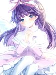  1girl angel_wings blue_eyes blush bow dress feli_(puyopuyo) long_hair looking_at_viewer own_hands_together pink_bow purple_eyes puyopuyo simple_background smile solo white_background white_dress white_feli white_wings wings yosaki_(shoki1white) 