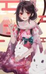  \m/ absurdres alternate_costume alternate_hairstyle black_hair bow egasumi floral_print floral_print_kimono full_body fur_scarf furisode hair_bow hair_down highres japanese_clothes kimono long_hair love_live! love_live!_school_idol_project nico_nico_nii obi print_kimono rabbit red_eyes sash scarf seiza sitting white_scarf wide_sleeves yazawa_nico zen.nico 