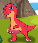  absurd_res anthro blitz_(dino_ranch) blue_eyes dino_ranch dinosaur diplodocid disney dromaeosaurid erection genitals hi_res male marvispot84 penis presenting presenting_penis reptile sauropod scalie solo theropod tongue tongue_out velociraptor young 