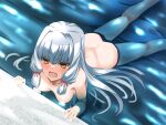 1girl ass blush breasts collarbone completely_nude feet_out_of_frame grey_hair hakkai highres kantai_collection long_hair medium_breasts murakumo_(kancolle) nipples nude open_mouth orange_eyes partially_submerged shiny_skin solo thick_eyebrows very_long_hair water 