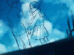  1boy 1girl blue_theme blurry closed_mouth cloud cloudy_sky commentary_request couple depth_of_field dutch_angle enpera expressionless feet_out_of_frame fence full_body hair_ornament hairclip hand_on_own_arm horizon jacket kagerou_project kisaragi_shintarou kneehighs light_smile lineart loafers long_sleeves looking_back muuta04 neckerchief night night_sky outdoors pants partial_commentary pleated_skirt post_and_rail_fence sailor_collar scarf shoes short_hair sketch skirt sky sleeve_cuffs socks standing star_(sky) tateyama_ayano turning_head 