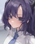  1girl blue_archive blue_necktie blurry collared_shirt commentary_request depth_of_field highres long_hair long_sleeves looking_at_viewer nanami_(u_nanamiii) necktie parted_bangs purple_eyes purple_hair school_uniform shirt sidelocks simple_background solo summer_uniform triangle_hair_ornament two_side_up white_shirt yuuka_(blue_archive) 