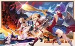  4girls anniversary armor axe ayanami_(azur_lane) ayanami_(dynamic_kick!)_(azur_lane) azur_lane azur_lane:_slow_ahead bikini_armor copyright_name fire full_body highres javelin_(a_legend_is_born?!)_(azur_lane) javelin_(azur_lane) laffey_(azur_lane) laffey_(sleepageddon)_(azur_lane) multiple_girls official_alternate_costume rff_(3_percent) shield staff z23_(azur_lane) z23_(upgrade_failure?!)_(azur_lane) 