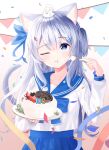  1girl ;t ahoge animal_ears blue_bow blue_eyes blue_sailor_collar blue_skirt bow cake cat_ears cat_girl cat_tail closed_mouth commentary commission confetti eating food food_on_face fork fruit gradient_background grey_hair hair_between_eyes hair_ornament hairclip hand_up highres holding holding_fork holding_plate long_hair one_eye_closed one_side_up original pennant pink_background plate pleated_skirt sailor_collar school_uniform serafuku shiro_(acad1213) shirt skirt solo strawberry string_of_flags tail very_long_hair white_background white_shirt 