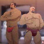  2boys abs absurdres alternate_body_hair arm_hair back_hair bald bara big_belly blush body_hair briefs bulge chest_hair dark-skinned_male dark_skin doctor_anfelo double_bun facial_hair fat fat_man goatee hair_bun hairy hand_on_own_stomach highres jockstrap large_pectorals leg_hair long_sideburns maeda_kumazo male_focus male_underwear mature_male multiple_boys muscular muscular_male mustache navel navel_hair nipples pectorals purple_male_underwear red_male_underwear samejima_(yu-gi-oh!) seductive_smile short_hair sideburns smile standing stubble thick_eyebrows thick_thighs thighs underwear yu-gi-oh! yu-gi-oh!_gx 