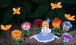  1girl 6+others alice_in_wonderland alice_margatroid alice_margatroid_(pc-98) blonde_hair blue_dress blue_hairband blue_ribbon bug butterfly closed_eyes dress flower hairband highres looking_at_another multiple_others on_ground own_hands_together ribbon short_hair sitting smile touhou touhou_(pc-98) user_wgkl2284 