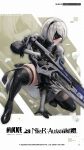  1girl 2b_(nier:automata) black_blindfold black_dress blindfold boots clothing_cutout covered_eyes crossover dress feather-trimmed_sleeves gloves goddess_of_victory:_nikke gun hands_on_ground highres holding holding_gun holding_weapon long_sleeves mole mole_under_mouth nier:automata nier_(series) official_art panties short_hair solo taking_cover thick_thighs thighhighs thighhighs_under_boots thighs underwear weapon white_hair 