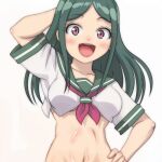  1girl :d arm_behind_head blush breasts brown_eyes crop_top green_hair hand_on_own_hip hand_up long_hair looking_at_viewer lv1_maou_to_one_room_yuusha maou_(lv1_maou_to_one_room_yuusha) medium_breasts navel neckerchief red_neckerchief shirt short_sleeves simple_background smile solo t_jiroo_(ringofriend) white_background white_shirt 