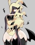  1girl black_eyes black_thighhighs blush_stickers breasts cleavage closed_mouth cowboy_shot creature_and_personification grey_background grey_hair hair_over_one_eye highres holding hood hood_up large_breasts long_hair looking_at_viewer mimikyu personification pokemon pokemon_(creature) simple_background sleeves_past_fingers sleeves_past_wrists standing thick_thighs thighhighs thighs usa37107692 very_long_hair 