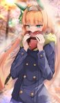  1girl animal_ears blue_jacket blunt_bangs blurry blurry_background buttons chocolate dated ear_covers food green_eyes hairband highres holding holding_chocolate holding_food horse_ears jacket long_hair looking_at_viewer negipon orange_hair outdoors scarf shy silence_suzuka_(umamusume) solo twitter_suki umamusume white_hairband winter_clothes yellow_scarf 