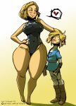  absurd_res big_breasts blonde_hair blush bottom_heavy breasts camel_toe clothed clothing duo elf female fully_clothed hair hi_res huge_hips huge_thighs humanoid humanoid_pointy_ears hylian larger_female link male male/female nintendo nipples one-piece_swimsuit princess_zelda size_difference smaller_male swimwear tail-blazer the_legend_of_zelda thick_thighs tight_clothing wide_hips 