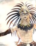  1boy abs absurdres annulustgmr10 arm_tattoo aztec blonde_hair blue_eyes braid facepaint fate/grand_order fate_(series) gloves gold_necklace hair_ornament headdress highres jewelry long_hair looking_at_viewer male_focus navel necklace shoulder_tattoo skull skull_hair_ornament smile solo tattoo tezcatlipoca_(fate) tezcatlipoca_(third_ascension)_(fate) topless_male traditional_clothes twin_braids upper_body 