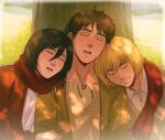  1girl 2boys armin_arlert black_hair blonde_hair brown_hair brown_jacket chalseu closed_eyes commentary eren_yeager grass highres jacket mikasa_ackerman multiple_boys open_mouth red_jacket red_scarf scar scar_on_cheek scar_on_face scarf shared_clothes shared_scarf shingeki_no_kyojin short_hair sleeping sleeping_on_person smile tree 