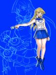  1girl 203wolves ankle_boots artist_name bare_arms blonde_hair blue_background blue_footwear blue_skirt boots breasts buttons card duel_academy_uniform_(yu-gi-oh!_gx) duel_disk full_body highres holding long_hair looking_at_viewer medium_breasts miniskirt multiple_views open_mouth sailor_collar signature simple_background skirt sleeveless smile standing tenjouin_asuka uniform yellow_eyes yu-gi-oh! yu-gi-oh!_gx 