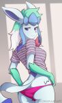  anthro blue_eyes butt clothing eeveelution fan_character female generation_4_pokemon glaceon green_hair hair holding_clothing holding_object holding_panties holding_underwear looking_back multicolored_hair nintendo panties pink_clothing pink_panties pink_underwear pokemon pokemon_(species) rear_view shirt solo tail topwear underwear white_hair yorusagi 