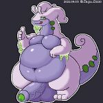  1:1 2021 anthro balls big_balls big_penis biped blush digital_media_(artwork) flaccid generation_6_pokemon genitals goodra hi_res huge_balls huge_belly huge_penis j1110_tanuki looking_at_viewer male moobs nalve nintendo nude penis pokemon pokemon_(species) simple_background smile solo thick_thighs wide_hips 