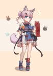  1girl absurdres alternate_costume alternate_hairstyle animal_ears arknights bag blue_eyes boots bow chinese_knot daoshi_niang_lan_er dress extra_ears fox fox_ears fox_girl fox_tail frilled_dress frills fur_trim grey_hair hair_bun hair_ornament handbag highres leg_ribbon new_year rabbit red_ribbon ribbon single_bare_leg skirt solo sussurro_(arknights) tail tassel thighhighs white_bow white_thighhighs 