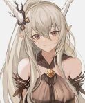  1girl arknights bare_shoulders blush breasts brown_dress brown_eyes closed_mouth commentary_request dress grey_hair hair_between_eyes horns large_breasts looking_at_viewer medium_breasts official_alternate_costume pointy_ears ponytail revision shining_(arknights) shining_(silent_night)_(arknights) simple_background smile solo touchika upper_body white_background 