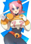  1girl blush breasts highres large_breasts looking_at_viewer mega_man_(series) mega_man_x:_command_mission mega_man_x_(series) multicolored_hair nana_(mega_man_x:_command_mission) open_mouth pink_hair purple_eyes robot_girl short_hair solo tobitori white_hair 