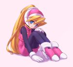  1girl black_bodysuit blonde_hair blue_eyes bodysuit breasts ciel_(mega_man) gloves high_heels looking_at_viewer mega_man_(series) mega_man_zero nagita0 pink_headwear pink_skirt pink_vest ponytail skirt small_breasts vest white_background 