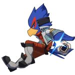  1boy beak bird_boy bird_tail blue_eyes closed_mouth commentary english_commentary falco_lombardi full_body furry furry_male grey_jacket jacket long_sleeves male_focus open_clothes open_jacket pruh simple_background solo star_fox tail white_background 