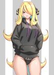  1girl alternate_eye_color asairosora ass_visible_through_thighs black_hoodie black_panties blonde_hair breasts brown_eyes cameltoe cowboy_shot cynthia_(pokemon) drawstring groin hair_ornament hair_over_one_eye hands_in_pockets highres hood hood_down hoodie large_breasts long_bangs long_hair long_sleeves looking_at_viewer no_pants panties parted_lips pokemon pokemon_(game) pokemon_dppt sidelocks solo thighs underwear very_long_hair 