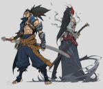  2boys abs bandaged_arm bandaged_hand bandages beard black_hair brothers closed_mouth facial_hair full_body grey_background hicham_habchi highres holding holding_sword holding_weapon league_of_legends long_hair looking_at_another male_focus mask multiple_boys muscular muscular_male ponytail siblings simple_background standing sword toeless_legwear toenails toes weapon yasuo_(league_of_legends) yone_(league_of_legends) 