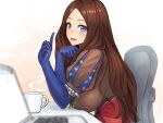  1girl blue_eyes blue_gloves blush breasts brown_dress brown_hair coffee_mug computer cup desk dress elbow_gloves fate/grand_order fate_(series) forehead gloves highres index_finger_raised laptop large_breasts leonardo_da_vinci_(fate) long_hair looking_at_viewer mug open_mouth parted_bangs puff_and_slash_sleeves puffy_short_sleeves puffy_sleeves ranma_(kamenrideroz) red_skirt short_sleeves skirt smile solo 
