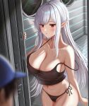  1boy 1girl areola_slip bare_shoulders black_camisole black_panties blue_headwear blurry blurry_foreground blush breasts camisole censored cleavage closed_mouth collarbone commentary_request covered_nipples doorway elf fingernails flying_sweatdrops hair_between_eyes highres large_breasts long_hair looking_at_another mosaic_censoring navel nori_chazuke off_shoulder original panties pointy_ears red_eyes see-through see-through_shirt side-tie_panties solo_focus strap_slip swept_bangs thighs toned underwear very_long_hair white_hair 