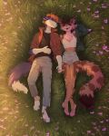 2023 5_fingers absurd_res anthro breasts canid canine canis clothed clothing digital_media_(artwork) domestic_dog duo felid feline female fingers fumiko grass hi_res male mammal open_mouth plant smile teeth tongue 