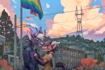  2023 amazing_background anthro city clothed clothing detailed detailed_background dragon duo english_text fur furred_dragon hi_res horn jacato male outside pride_color_flag text 