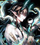  1boy bare_shoulders black_background black_gloves black_hair chinese_clothes dan_heng_(honkai:_star_rail) dan_heng_(imbibitor_lunae)_(honkai:_star_rail) detached_sleeves dragon_boy dragon_horns earrings elbow_gloves expressionless fingerless_gloves gloves green_eyes green_horns grey_shirt highres honkai:_star_rail honkai_(series) horns jewelry long_hair long_sleeves looking_at_viewer looking_back male_focus pointy_ears profile red_eyeliner shirt single_earring solo traditional_clothes upper_body very_long_hair white_sleeves 