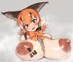  1girl anchors_(mono_eye_os) animal_ears blue_eyes blush bow bowtie breasts caracal_(kemono_friends) caracal_ears extra_ears grey_background highres huge_breasts kemono_friends kemono_friends_v_project large_pectorals long_hair looking_at_viewer microphone nipples nude open_mouth orange_hair pectorals simple_background solo virtual_youtuber 