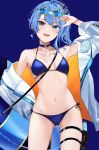  1girl :d aya02ka bikini blue_background blue_bikini blue_choker blue_hair blue_nails breasts choker eyewear_on_head fingernails highres holding holding_innertube hololive hoshimachi_suisei innertube jacket light_blush looking_back medium_breasts nail_polish navel open_clothes open_jacket open_mouth side-tie_bikini_bottom simple_background smile solo star-shaped_eyewear stomach sunglasses swimsuit thigh_pouch thigh_strap two-sided_fabric two-sided_jacket virtual_youtuber 