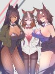  3girls animal_ears bow brown_hair dark-skinned_female dark_skin detached_collar highres horse_ears horse_girl horse_tail long_hair looking_at_viewer mmmt0a4w0a6k multiple_girls pantyhose playboy_bunny sirius_symboli_(umamusume) symboli_kris_s_(umamusume) symboli_rudolf_(umamusume) tail umamusume 