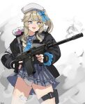  1girl absurdres bandaged_leg bandages black_jacket blonde_hair blue_eyes blue_necktie blue_shirt blue_skirt down_jacket firing gar32 girls&#039;_frontline gun highres holding holding_gun holding_weapon jacket long_sleeves necktie panties shirt skirt smoke smoking_gun thighs underwear upskirt vepr-12 vepr_(girls&#039;_frontline) weapon white_headwear white_panties yellow_jacket 