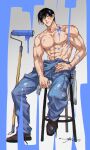  1boy abs bara black_hair blue_jumpsuit bodypaint closed_mouth facepaint fushiguro_touji green_eyes highres jujutsu_kaisen jumpsuit jumpsuit_pull large_pectorals male_focus muscular muscular_male navel nipples pectorals sashiyu scar scar_on_face scar_on_mouth short_hair sitting solo 