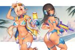  2girls ahoge alternate_costume alternate_hairstyle ass asura_archer_aoi asura_ninja_aoi beach bikini black_hair blonde_hair blush breasts brown_hair competition_swimsuit dark-skinned_female dark_skin day eyewear_on_head hand_up highleg highleg_swimsuit holding holding_water_gun long_hair looking_at_viewer megami_device multi-strapped_bikini multicolored_clothes multicolored_swimsuit multiple_girls navel nidy one-piece_swimsuit one_eye_closed outdoors palm_tree red_eyes sky smile sunglasses swimsuit tan thigh_strap thighs tree twintails two-tone_swimsuit very_long_hair water_gun wet wet_clothes wet_swimsuit yellow_eyes 