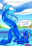  &lt;3 2022 absurd_res accessory anthro anus aquatic_dragon ass_up blue_body blue_pussy blush butt comic dialogue digital_drawing_(artwork) digital_media_(artwork) dragon english_text female fur genitals hair hair_accessory hi_res horn landscape_background lustragon marine nude open_mouth pussy scalie small_anus smile solo tail text water watermark wave_(iestragon) wet 