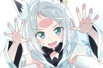  1girl against_glass animal_ears blue_eyes braid detached_sleeves fox_ears fox_girl hololive ixy looking_at_viewer open_mouth shirakami_fubuki simple_background single_braid solo upper_body virtual_youtuber white_background white_hair white_sleeves 