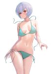  1girl absurdres areola_slip ayanami_rei bikini blue_hair blush breasts commentary_request highres looking_at_viewer medium_breasts navel neon_genesis_evangelion parted_lips red_eyes sasasa_r_23 short_hair solo string_bikini swimsuit wardrobe_malfunction white_background 